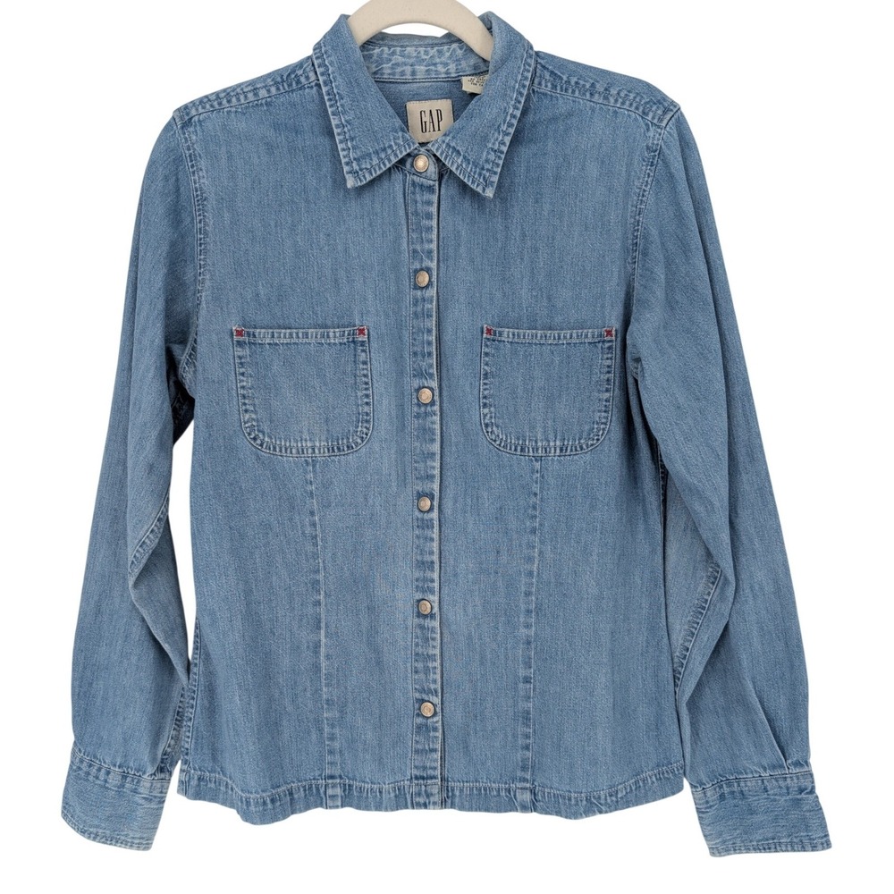 VTG Gap Denim Snap Front Shirt Womens M Ligh Blue Cotton 90s Minimalist Western